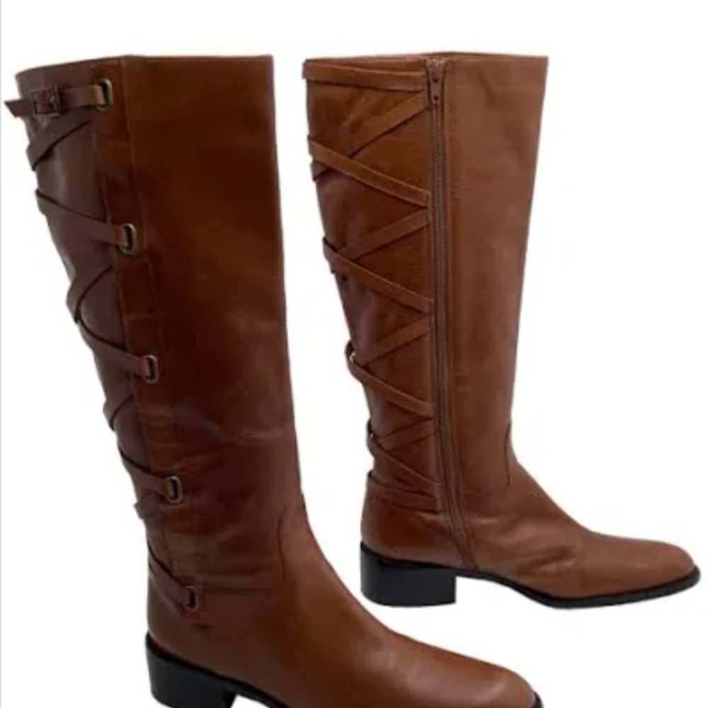 DELMAN COGNAC LEATHER Braided Back Boots Sz 6.5